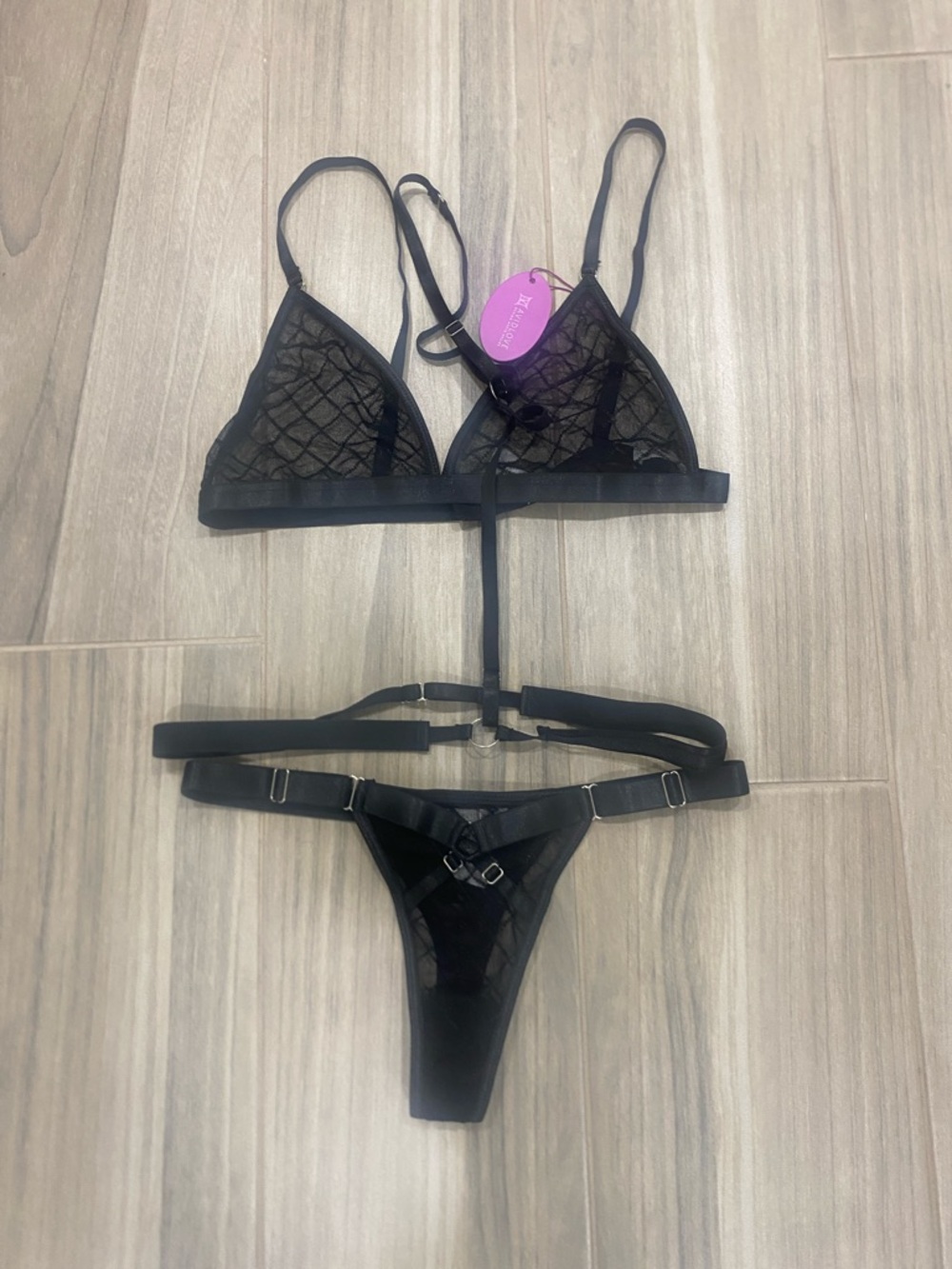 Sheer Black Strappy Lace Bralette & Harness Thong Set